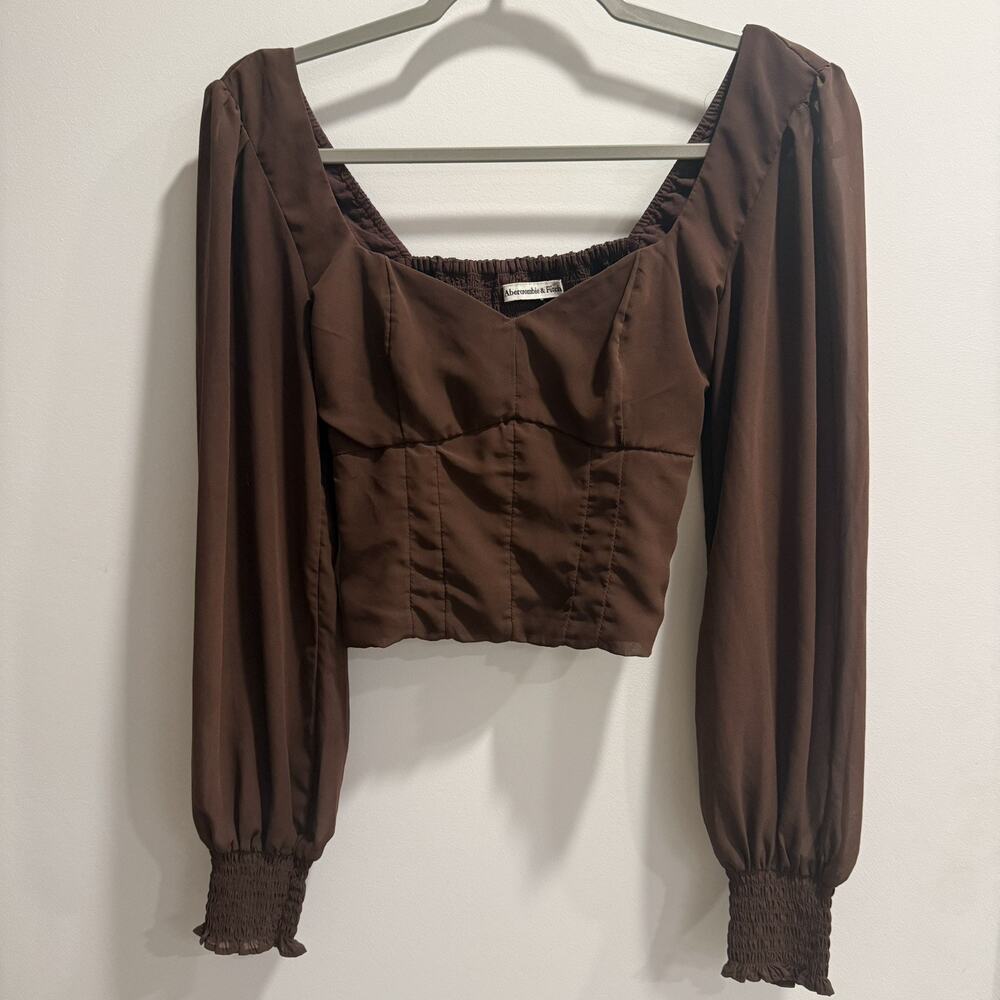 Abercrombie & Fitch | Brown Satin Corset Crop Top Puff Sleeve Milkmaid Blouse XS